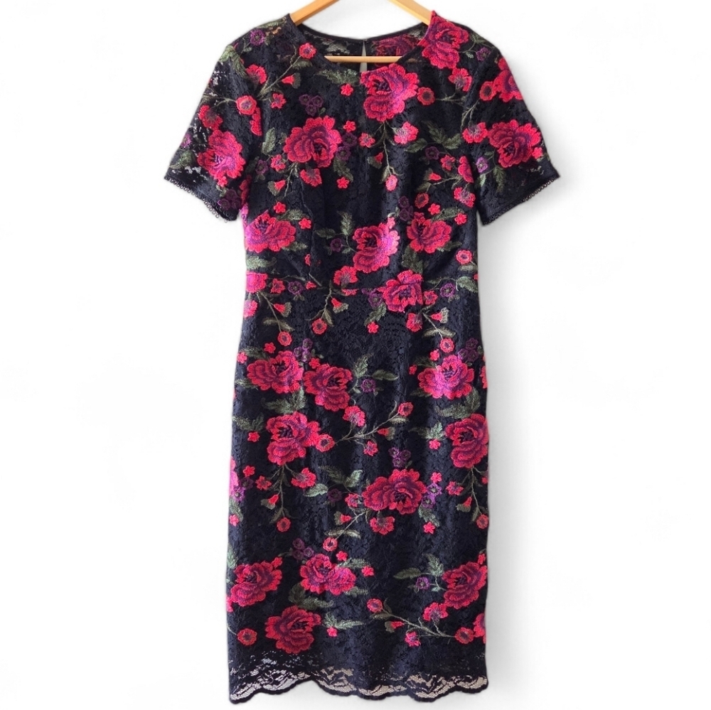 Trina Turk Women's Dress Floral Red Black Size 10 Lace Midi Length Embroidered - Picture 4 of 16
